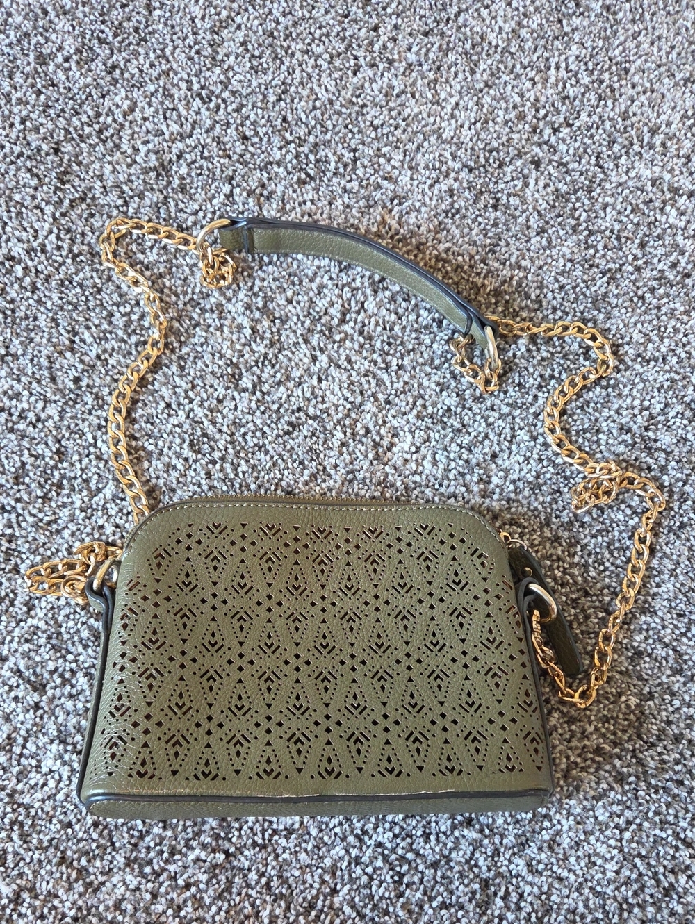 Olive Green Perforated Crossbody Bag with Gold Chain